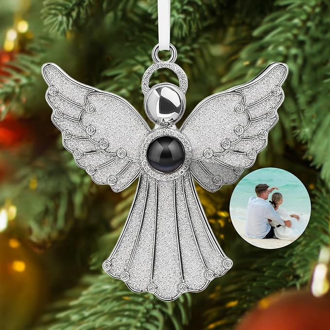 SUPHELPU Custom Angel Ornament with Picture Inside, Photo Ornaments for Christmas Tree, Personalized Christmas Projection Ornament, Customized Memorial Pendant for Xmas Family