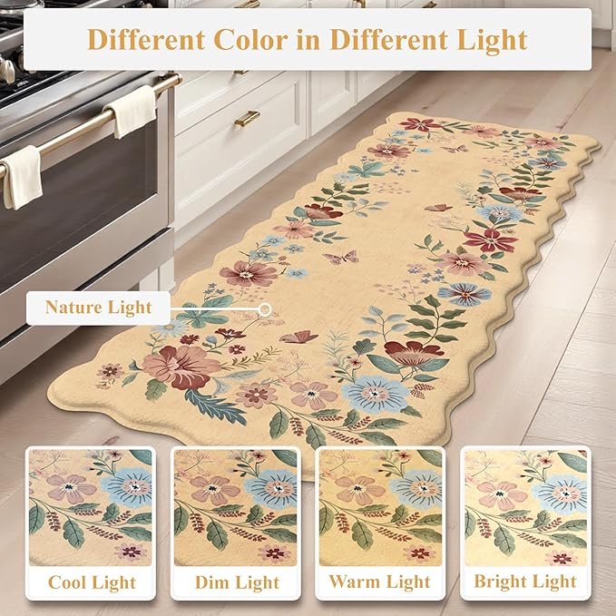 Collive Kitchen Floor Mat Cushioned Anti Fatigue, Scalloped Waterproof Kitchen Sink Rugs Non Skid Sets of 2, Memory Foam Comfort Standing Mats Boho Floral Desk Carpet for Laundry, Office, Home Decor