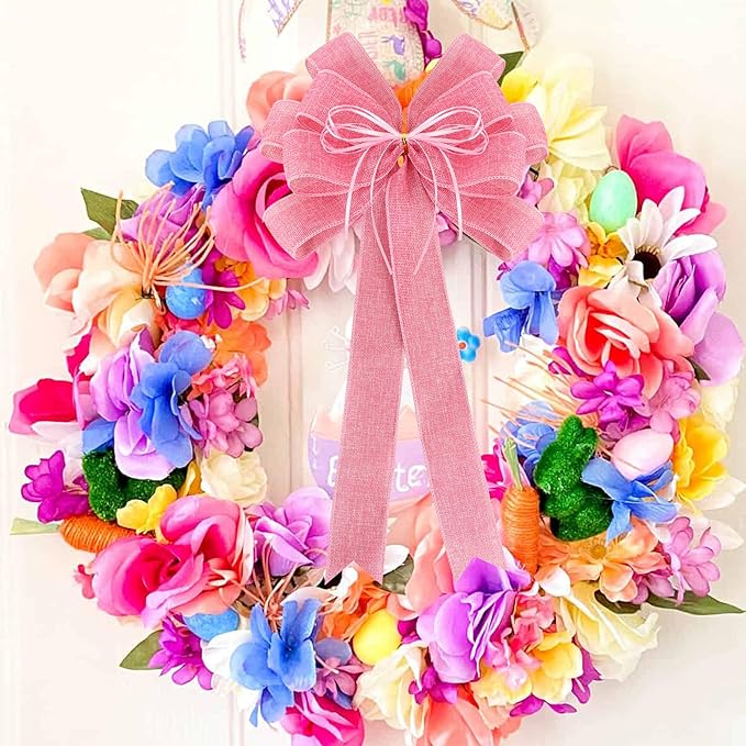 2 Pack Pink Christmas Tree Bows 12x20inch Large Burlap Wreath Bow with Glitter String for Christmas Tree Topper,Home Front Door Decor,Easter Bow, Valentines and Party Decor