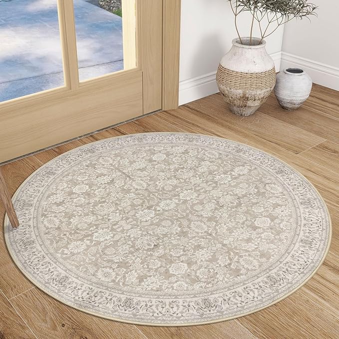 3' Round Rug Washable Rug for Entryway, Cream Beige White Grey Soft Non-Slip Area Rugs Distressed Floral Low-Pile Carpet, Neutral Vintage Circle Rugs for Living Room Dining Bedroom Foyer