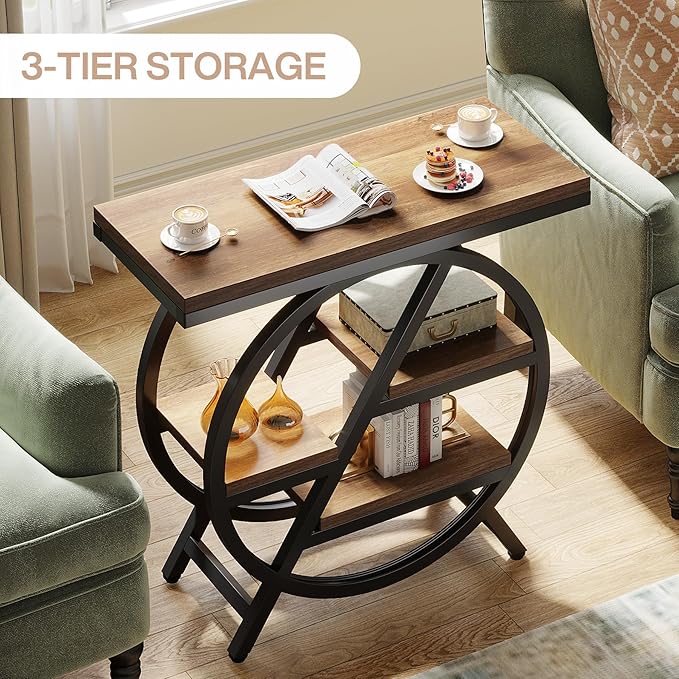 Tribesigns End Table Set of 2, 3-Tier Narrow Sofa Side Table with Storage for Living Room, Wood End Table with Geometric Metal Frame, Industrial Nightstand and Bedside Table for Bedroom, Light Brown