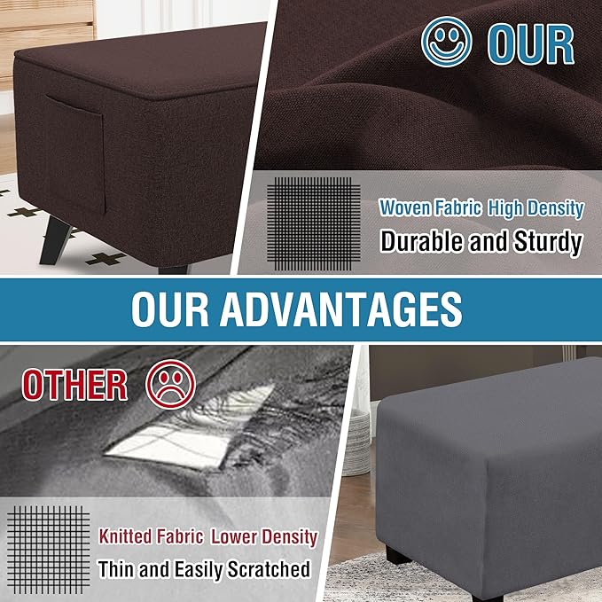 H.VERSAILTEX Thick Durable Linen Look Ottoman Cover Square Fit Length 36"-37" Footrest Folding Storage Stool Furniture Protector Soft Slipcover for Living Room with Elastic Bottom - Heather Chocolate