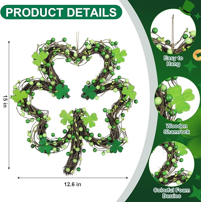 St Patricks Day Wreaths for Front Door, Artificial Shamrock Wreath Wood Lucky Clover Door Decorations with Green Berries for Spring Wall Mantel Window Home Party Decor