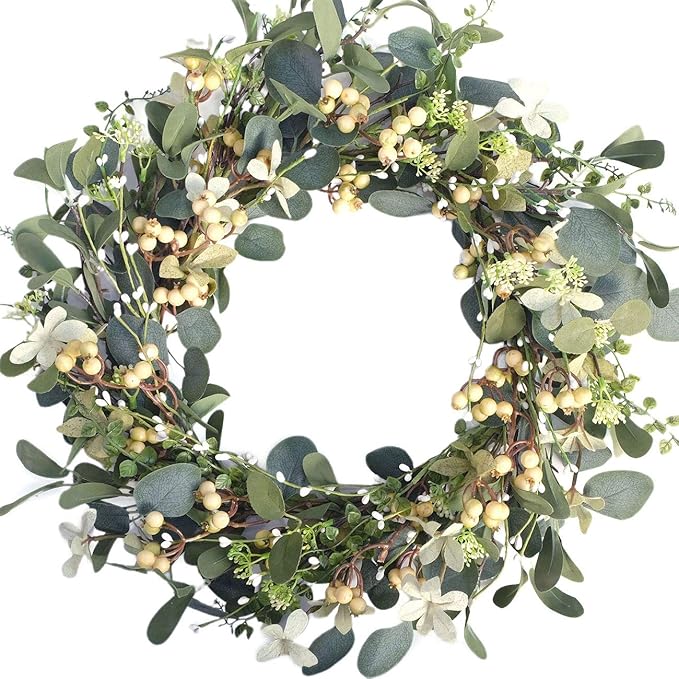 Bibelot 22Inch Artificial Eucalyptus Berry Wreath Green Leaf Eucalyptus Wreaths Spring Summer Wreath for Front Door Window Hanging Wall Party Decorations (22in)