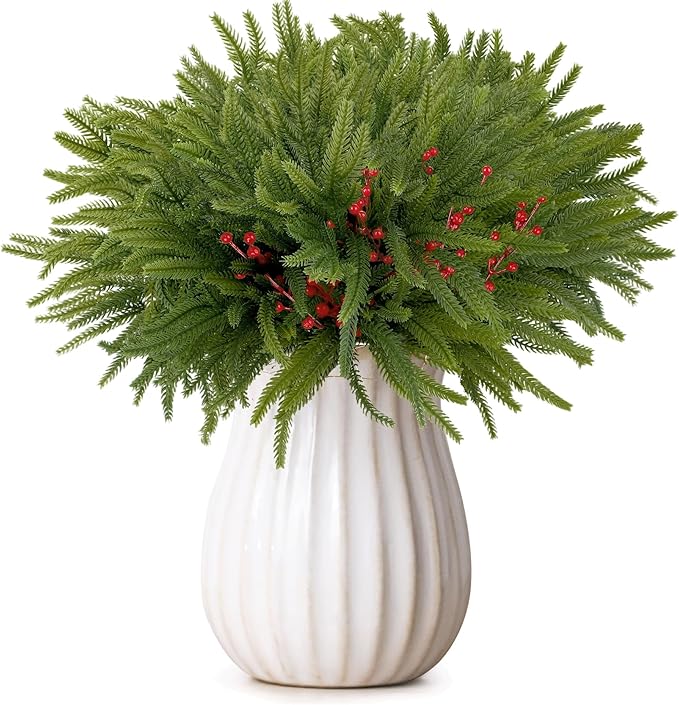 Fovths 12 Pack Christmas Norfolk Pine Branches with Red Berries 18 Inch Norfolk Pine Stems Artificial Norfolk Pin Needle Branches DIY Crafts Faux Greenery for Xmas Home Decor Garland Wreath Craft