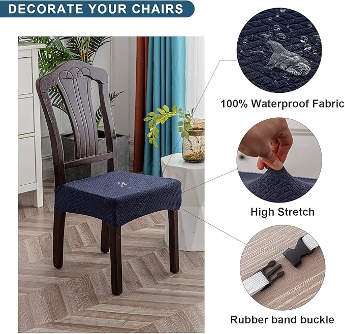 Genina Waterproof Seat Covers for Dining Room Chair Covers Waterproof Dining Chair Covers (6 PCS-Rear-Covered, Navy Blue)