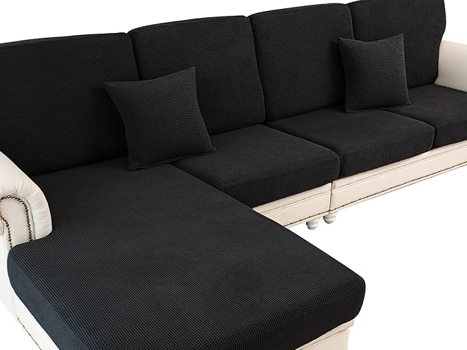 Couch Cushion Covers for Sectional Sofa L Shape Washable Separate Seat Chaise Couch Cover Stretch Sofa Slipcovers with 2 Pcs Pillowcases(2 Seater + 1 Chaise, Black)