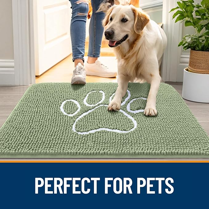 OLANLY Dog Door Mat for Muddy Paws 70x46, Paw Print Design, Absorbs Moisture and Dirt, Non-Slip Washable Doormat, Quick Dry Chenille Mud Mat for Dogs, Entry Indoor Entryway Carpet, Sage Green