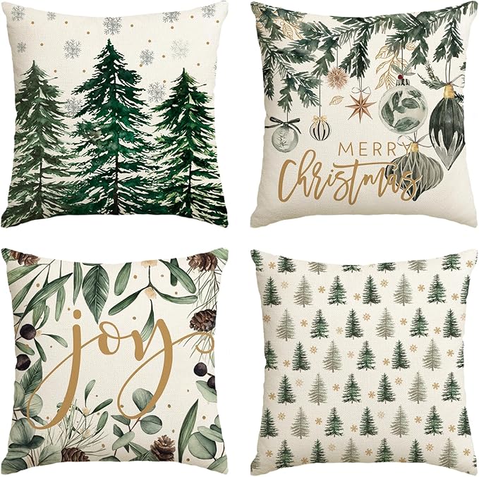 AVOIN colorlife Merry Christmas Trees Snowflake Throw Pillow Covers, 18 x 18 Inch Joy Xmas Balls Winter Holiday Cushion Case Decoration for Sofa Couch Set of 4