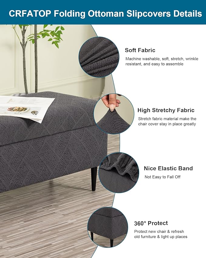 CRFATOP Jacquard Ottoman Stool Cover Stretch Folding Storage Footstool Bench Slipcovers Upholstered Foot Chest Chair Covers Washable Entryway Furniture Protector with Elastic Bands,L,Dark Grey