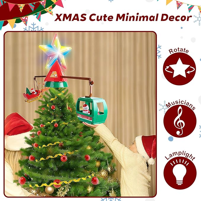 Christmas Tree Topper Spinning Star Animated Funny Xmas Decoration with Musicians Lamplight for Indoor Office Home Classroom Party Decor