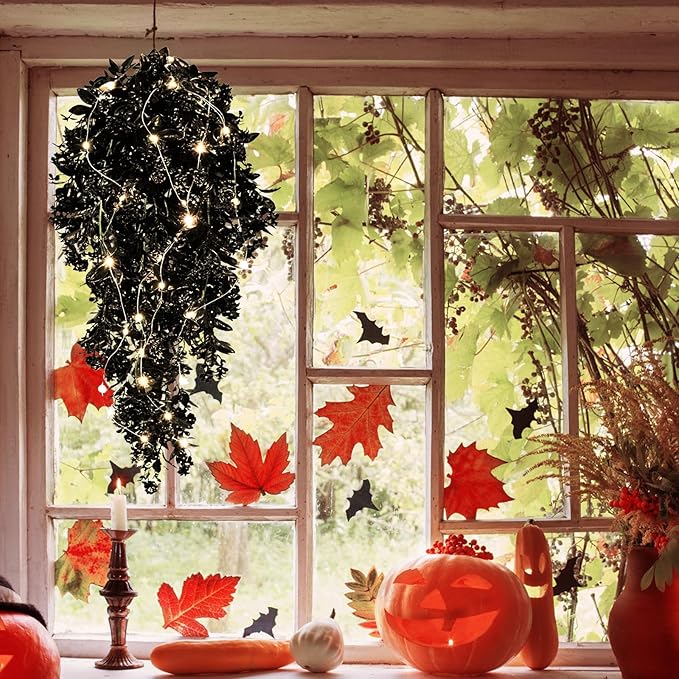 RECUTMS Black Fake Hanging Plants Realistic Artificial Hanging Plants Outdoor with LED String Lamps Hanging Leaves Vines Plastic Rose Flowers All Year Round Decor for Halloween (Black)