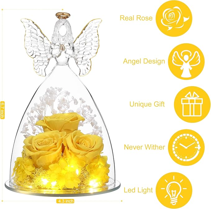 Christmas Rose Gifts for Women Preserved Real Flower in Glass Angel Figurines Roses for Delivery Prime Birthday Gifts for Mom Grandma Girlfriend Wife Her, Yellow