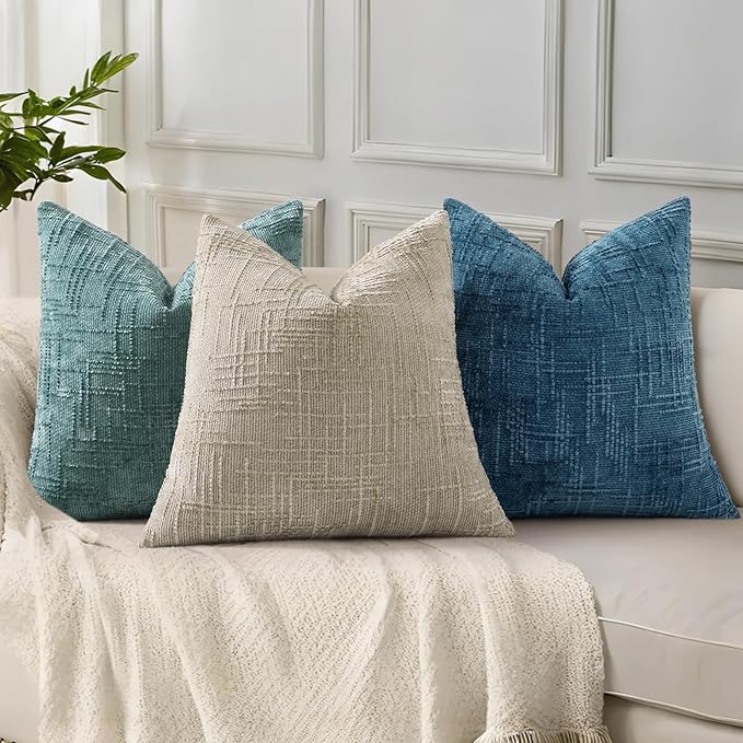decorUhome Navy Blue Chenille Throw Pillow Covers 20x20 Set of 2 Thick Textured Slubby Couch Pillow Covers Farmhouse Accent Modern Neutral Decorative Pillow Cases for Bed Sofa Living Room