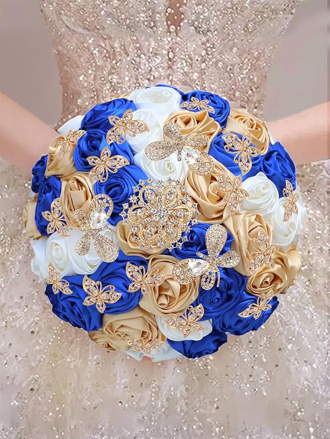 Handmade Floral Satin Rose Butterfly Shape Rhinestone Bridal Bouquet Luxury Golden Rhinestone Artificial Flowers for Wedding