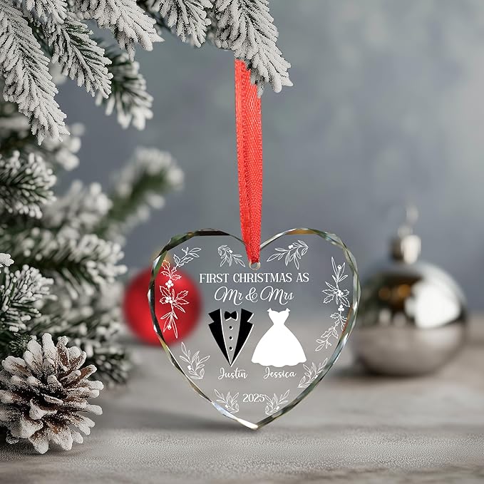 Personalized First Christmas Married Glass Ornament 2025 – Custom Mr and Mrs Photo Ornament – Personalized Wedding Gift with Picture Name Date – Couple Family Keepsake (HOTQ0912WE01C)