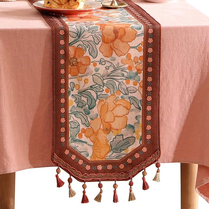 Designer Vintage Orange Floral Small Table Runner,French Farmhouse Soft Linen Coffee Table Runners 63 Inches Long,Decor Tabletop for Kitchen,Dining,Party,Home,Christmas,12"*63"
