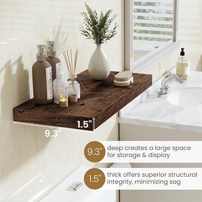 Fun Memories 48 Inch Floating Shelves, 9.3 Inch Deep Wall Shelves for Bathroom, Living Room, Bedroom, Kitchen, Deep Long Shelf Wall Mounted 2 Pack Shelf for Books, Decor, Rustic Brown