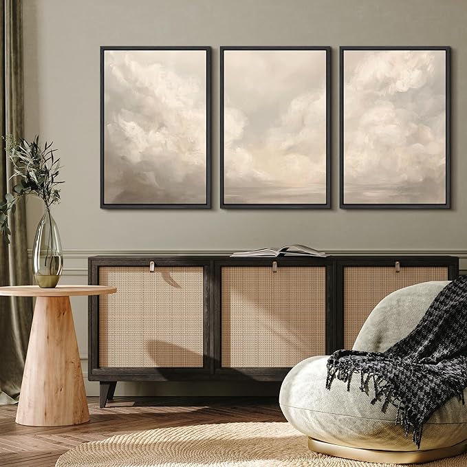 MUDECOR Framed Wall Art Print Set Neutral Cloudscape Soft Beige Abstract Sky Illustrations Modern Art Boho Decorative Colorful Chic for Living Room, Bedroom, Office - 24"x36"x3 Black