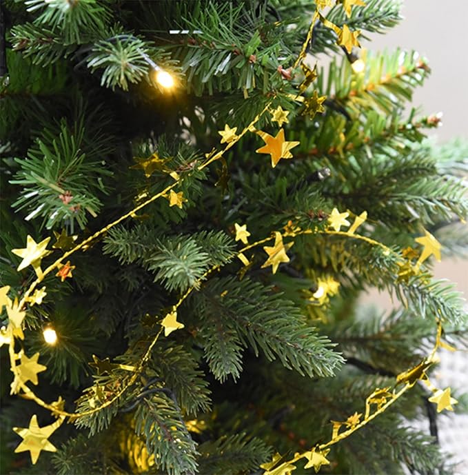 25 FT Star Tinsel Garlands with Wire Star String Decor for Christmas Tree Party Decoration Festive Ornament, 2 Pack (Gold)