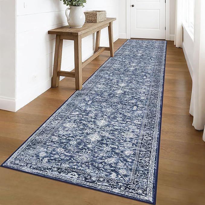 KILOCOCO Runner for Hallway 3x16 Runner Rug Printed Vintage Floral Washable Rug Kitchen Runners Soft Non-Slip Low Pile Hallway Runners Laundry Room Distressed Boho Rugs, Blue