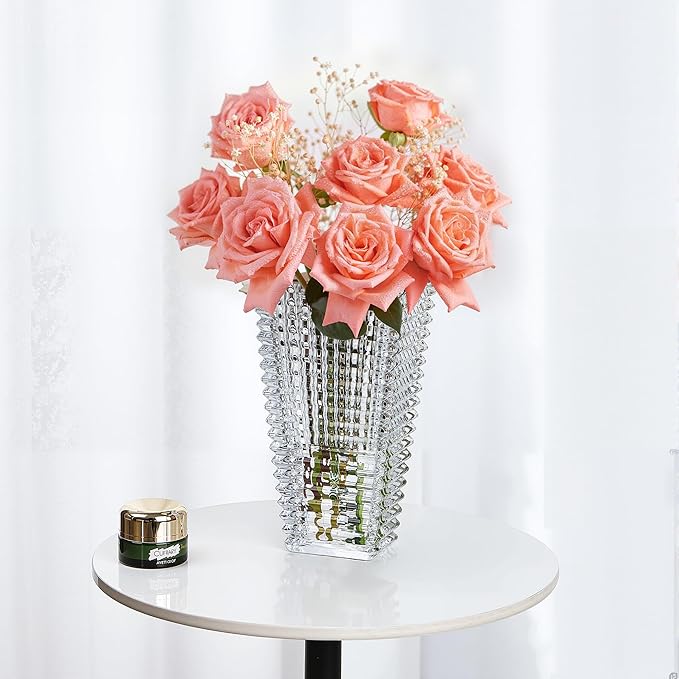 VECELO Crystal Glass Vase for Flowers, 11 Inch Clear Decorative Centerpiece Vase, Modern Square Textured Flower Vase for Dining Table, Wedding, Living Room, Office Decor