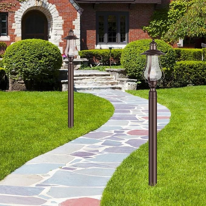 Treekee Outdoor Post Light Fixture, Vintage Brown Pole Lantern with Wood Grain Glass, Farmhouse Exterior Post Lamp with E26 Socket for Garden, Pathway, Patio, Porch, Courtyard, Driveway, Street