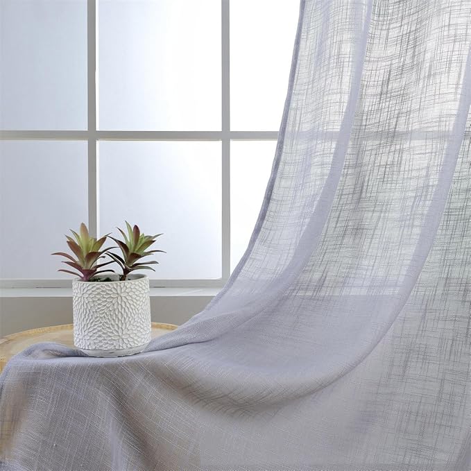 MIUCO Semi Sheer Curtains Poly Linen Textured Solid Grommet Curtains 95 Inches Long for Bedroom 2 Panels (2 x 37 Wide x 95" Long) Silver