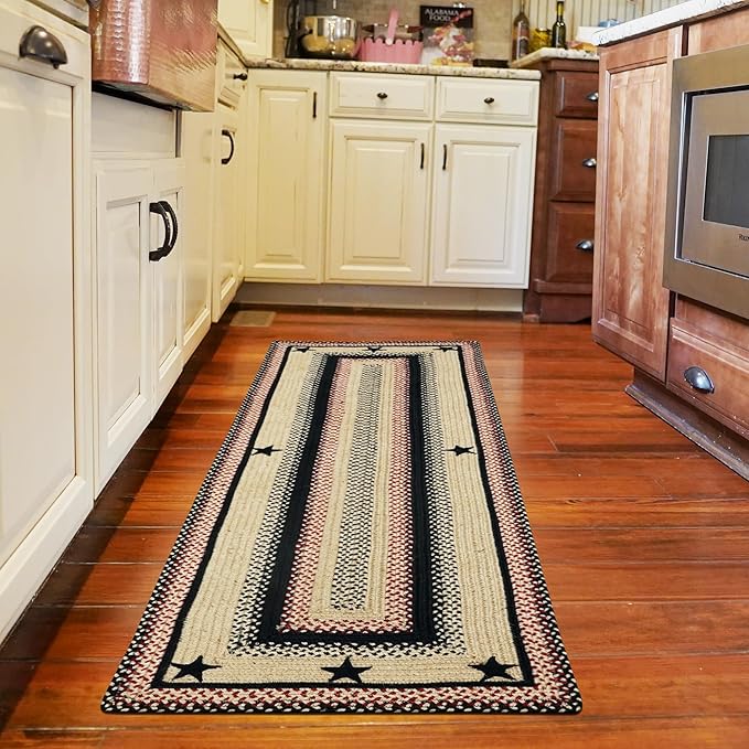 Homespice Primitive Star Gloucester Jute Braided Runner Rug 22x72 - Primitive Style Black and Tan Runner Rug for Kitchens and Hallways
