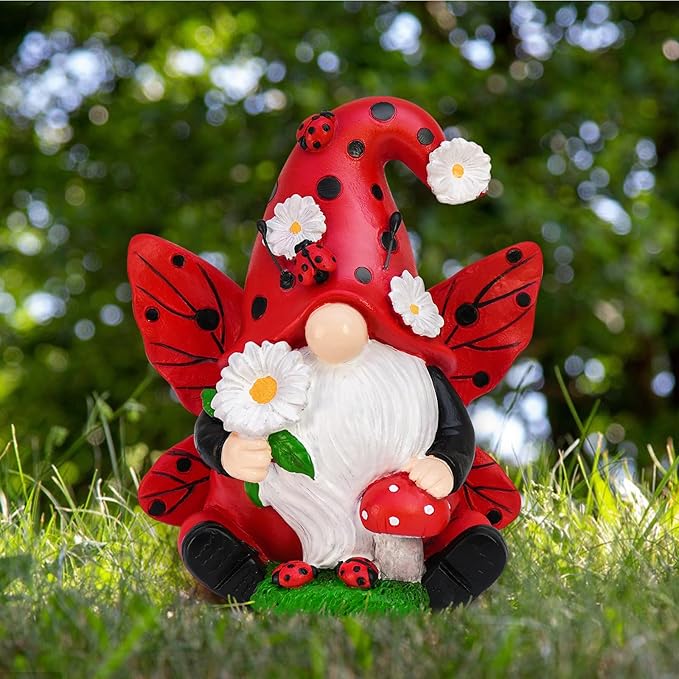 Ladybug Gnome Decorations - Resin Figurines for Spring Kitchen, Summer Garden, Lawn and Outdoor Decor - Gifts for Women