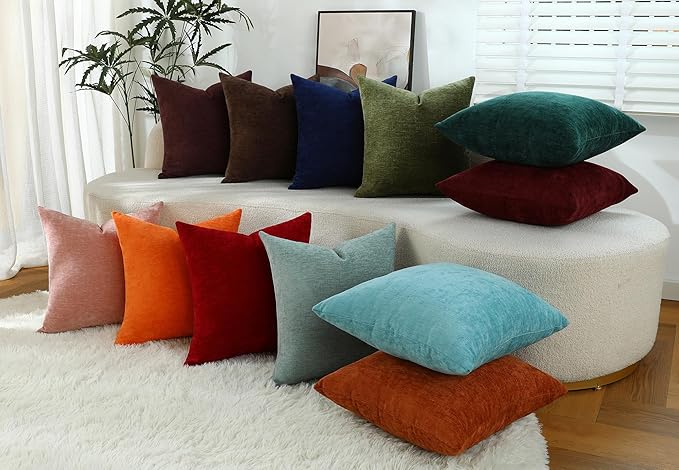 Plum Purple Chenille Decorative Couch Throw Pillow Covers, Soft Cushion Cases for Home Livingroom Sofa Décor, Pack of 2, 18 x 18 Inches