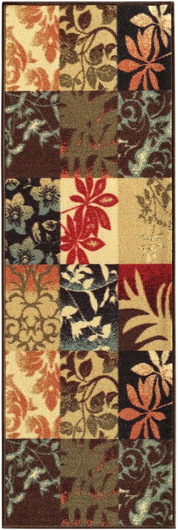 Kapaqua Custom Size Brown Floral Boxes Rubber Backed Non-Slip Hallway Stair Runner Rug Carpet 22 inch Wide Choose Your Length 22in X 6ft