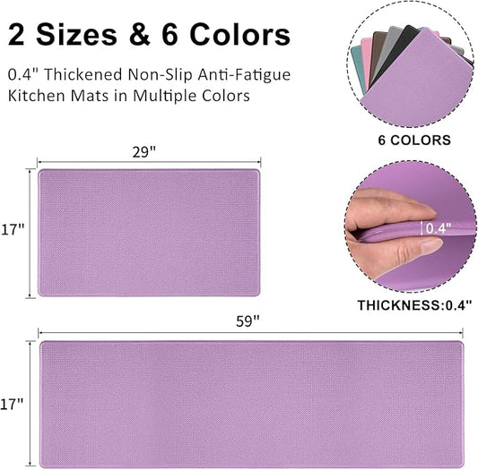 AUTODECO Kitchen Mats and Rugs Set of 2 - Cushioned Anti-Fatigue Kitchen Rug for Floor Washable 17"x29" +17"x59", Lightpurple