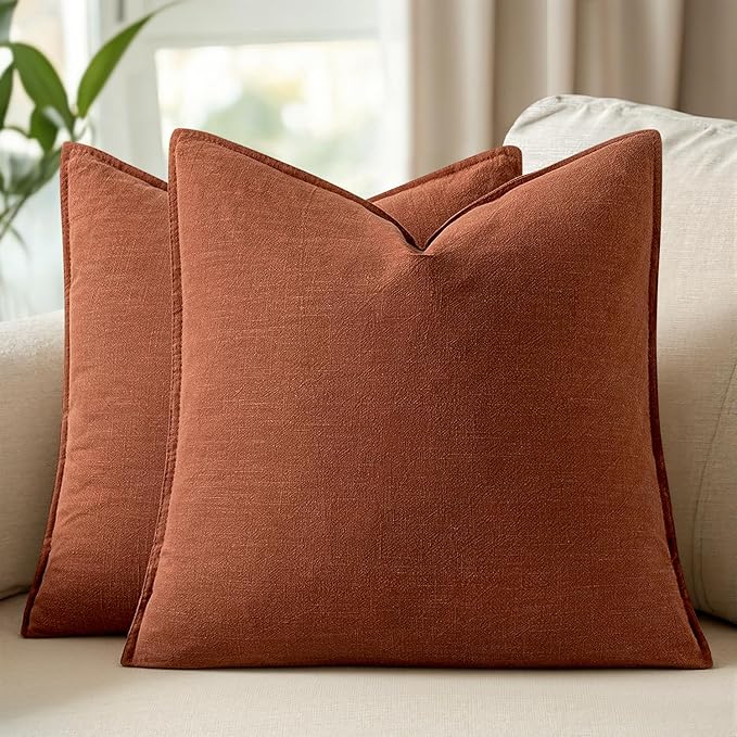 Woaboy 20x20 Inch Set of 2 Decorative Linen Solid Throw Pillow Covers Boho Accent Farmhouse Couch Pillowcases Modern Netural Home Decor for Couch Sofa Living Room Bed,Rust