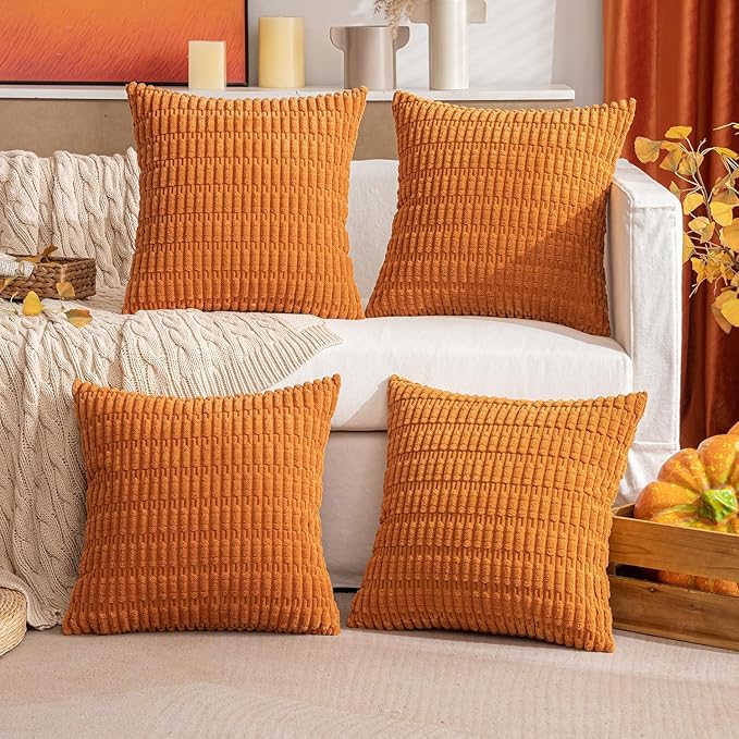 MIULEE Pack of 4 Fall Burnt Orange Corduroy Decorative Throw Pillow Covers 18x18 Inch Soft Boho Striped Pillow Covers Modern Farmhouse Home Decor for Sofa Living Room Couch Bed