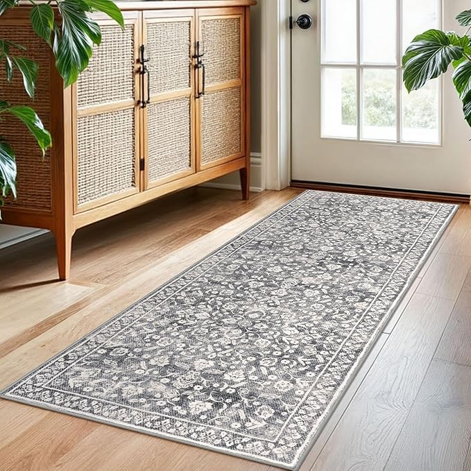 Vintage Washable 2x5 Rug Runner, Gray Ivory Runners for hallways, Super Soft Kitchen Runner Rug Non Slip, Print Faux Wool Floral Thin Carpet Runner for Entryway Indoor Bedroom