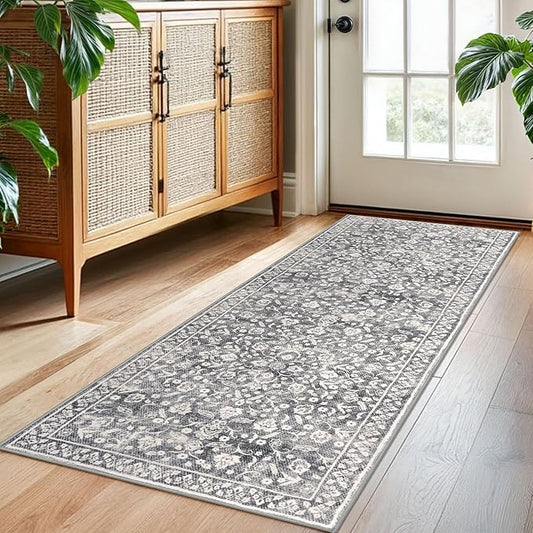 Vintage Washable 2x5 Rug Runner, Gray Ivory Runners for hallways, Super Soft Kitchen Runner Rug Non Slip, Print Faux Wool Floral Thin Carpet Runner for Entryway Indoor Bedroom