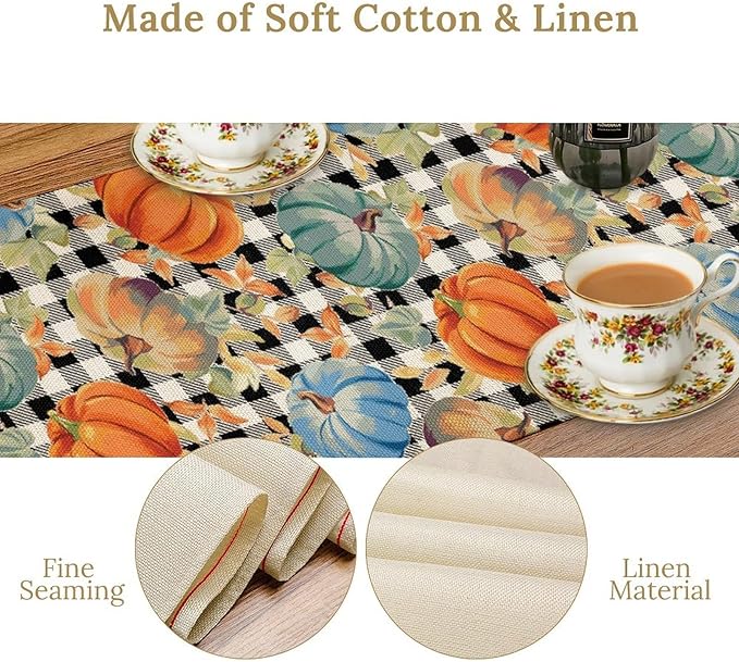 Fall Pumpkin Table Runner Black White Plaid Maple Leaves Watercolor Illustration Rustic Thanksgiving Home Decor for Farmhouse Indoor Outdoor Party Holiday Dining Kitchen Restaurant Cafe W13xL60in