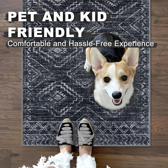 KILOCOCO Boho Kitchen Runner Rug 2x6 Washable Runner Rug, Soft Runners for Hallways Non Slip Printed Distressed Laundry Room Rug, Low-Pile Rug for Entryway/Bedroom/Living Room, Charcoal