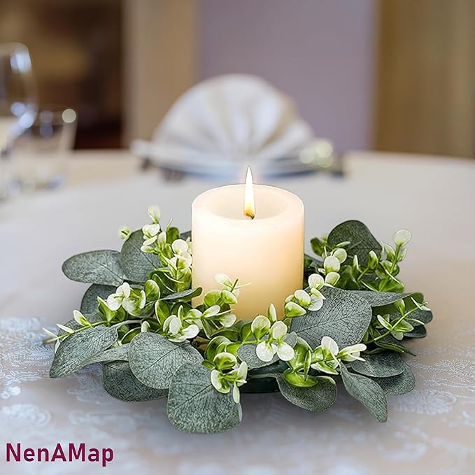 20 Pcs Artificial Eucalyptus Candle Rings, Boho Wedding Candle Holder Wreaths with Green Leaves, Decorative Pillar Candle Rings for Centerpieces and Home Decor
