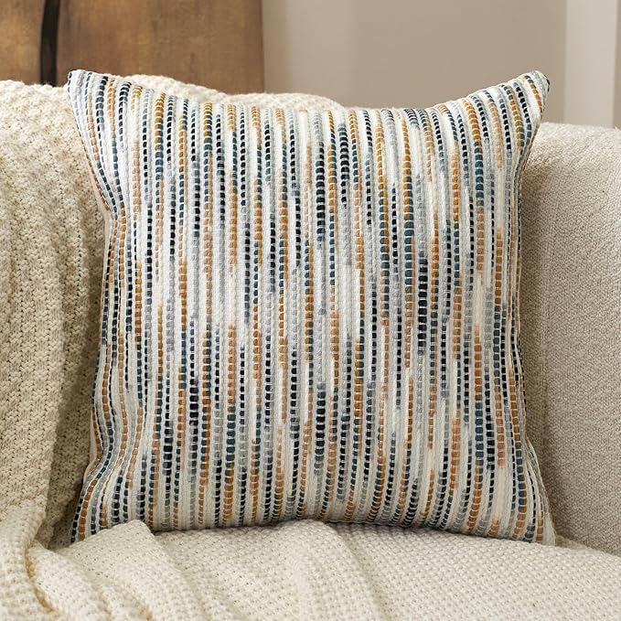 Aeckself Boho Striped Pillow Cover 18x18, Decorative Square Throw Pillow Cover Chenille Neutral Pillowcase for Couch Bedroom Living Room, Yellow Gray