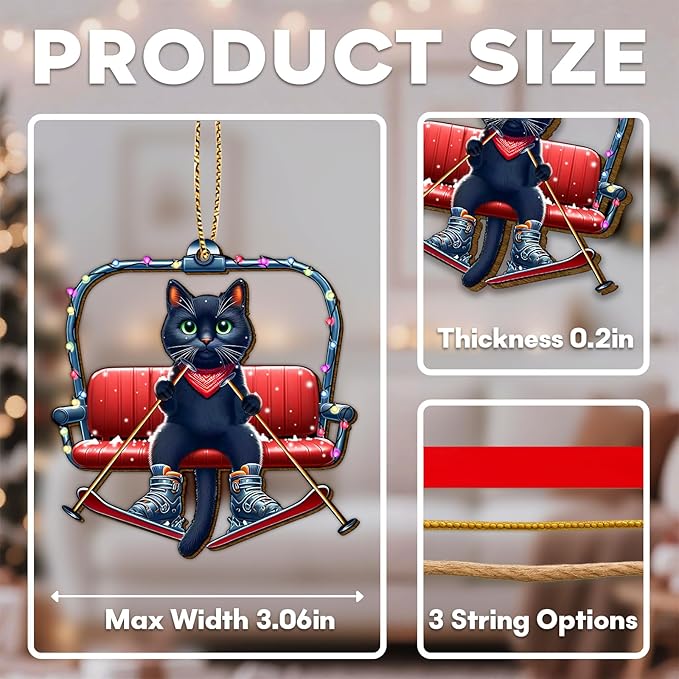 34HD Black Cat Christmas Ornament 2025 - Wooden Hanging Xmas Tree Ornament Decoration, Christmas Keepsake Gifts and Home Decor for Cat Lovers and Ski Fans
