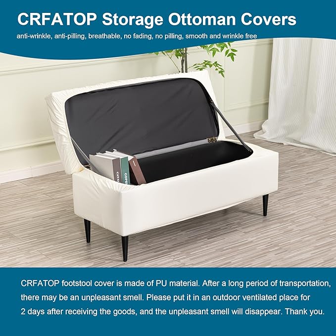 CRFATOP Waterproof PU Ottoman Stool Cover Stretch Folding Storage Footstool Bench Slipcovers Upholstered Foot Chest Chair Covers Washable Entryway Furniture Protector with Elastic Bands,M,White