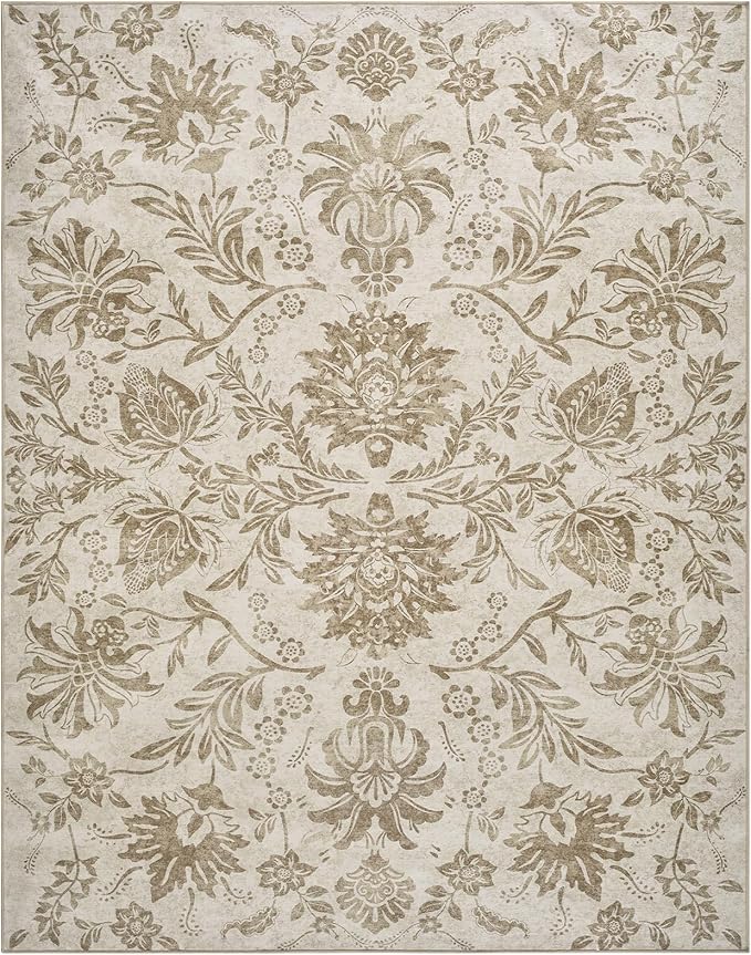 jinchan Torino Floral 8x10 Area Rugs, Vintage-Inspired Neutral Design Accent Living Room Rug, Machine Washable Ultra-Thin Low-Pile Non-Slip Traditional Carpet for Bedroom Home Office, Taupe