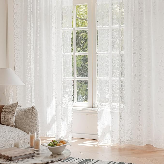 White Lace Sheer Curtains – Vintage Leaf Pattern Lace for Bedroom/Kitchen, Rustic Privacy Light Filtering Rod Pocket Drapes, Delicate Chic Window Treatments, 52W x 54L Inch, 2-Panels