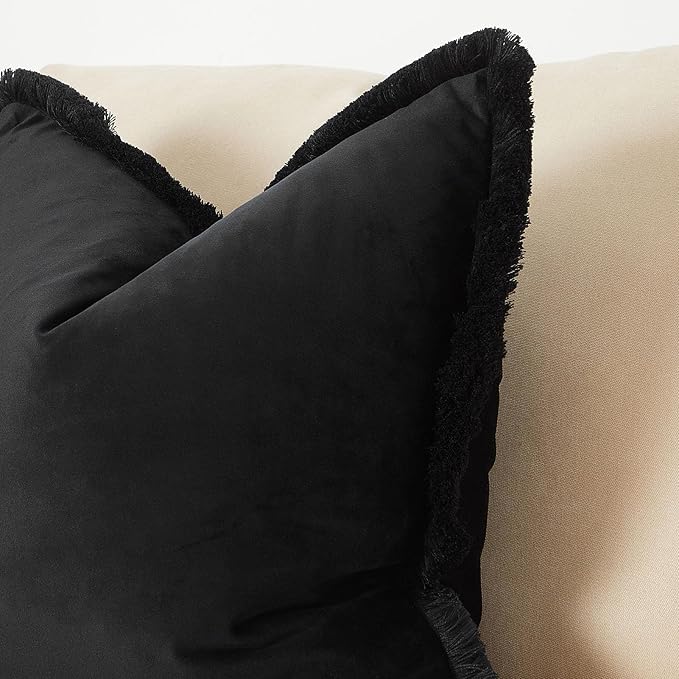 JUSPURBET Black Velvet Throw Pillow Covers 24x24 Inch Set of 2 with Soft Tassel Fringe Luxury Boho Pillowcase for Sofa Couch Bed Home Decor Machine Washable