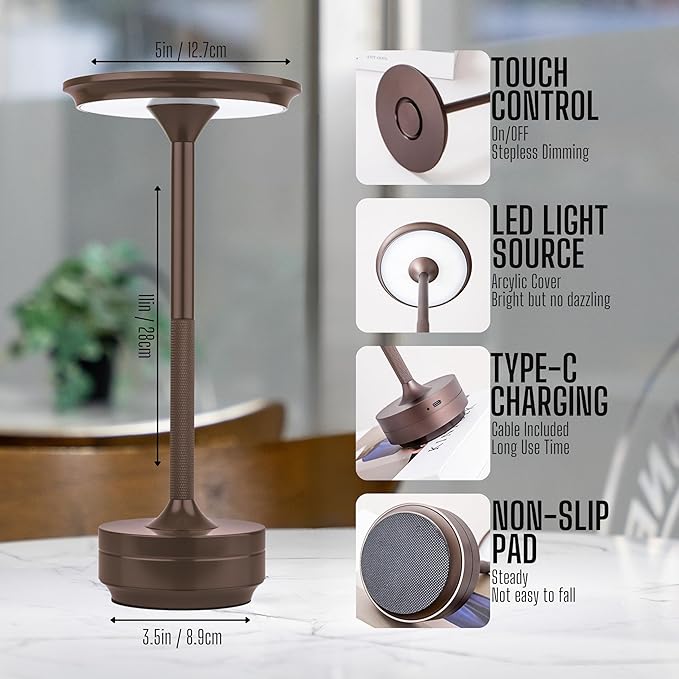 Cordless Rechargeable Touch Lamp 5000mAh Battery, 20+ Hours Use, USB-C Charging, 3 Color & Brightness Settings, Aluminum Table Lamp for Bedroom, Dining, Office or Cafe (Black)