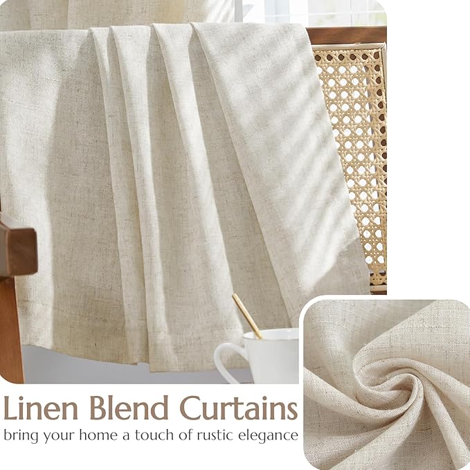 jinchan Beige Linen Blend Curtains for Bedroom 63 Inches Length 2 Panels Natural Window Treatment for Kitchen, 50 Inches Wide Farmhouse Drapes with Rod Pocket Back Tab (50W x 63L, Ecru)