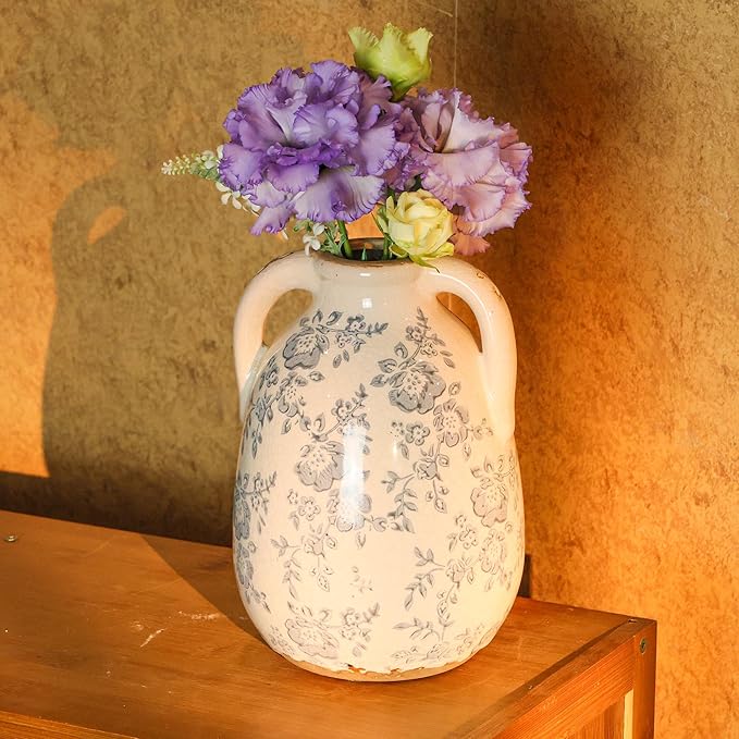 Vintage Chinoiserie Blue and White Ceramic Vases Decor 7” Retro Ice Crackle Hand-Painted Peony Ceramic Pitcher Antique Style Home Decor (7.5 Inch Blue and White)