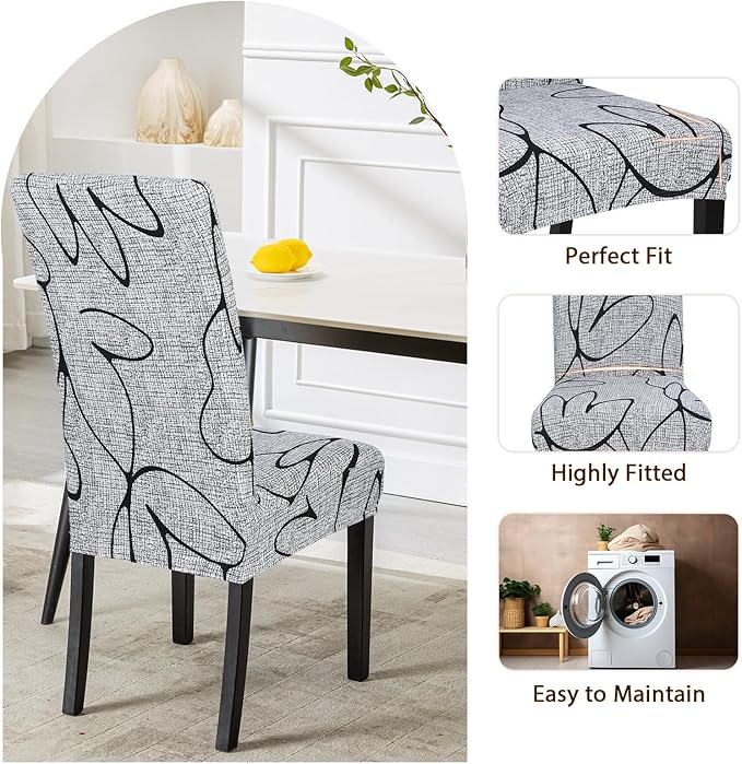 SearchI Dining Room Chair Covers Set of 4, Stretch Printed Parsons Chair Slipcovers Spandex Removable Washable Kitchen Chair Protector Cover for Dining Room, Hotel, Ceremony (Grey Lotus+White Texture)